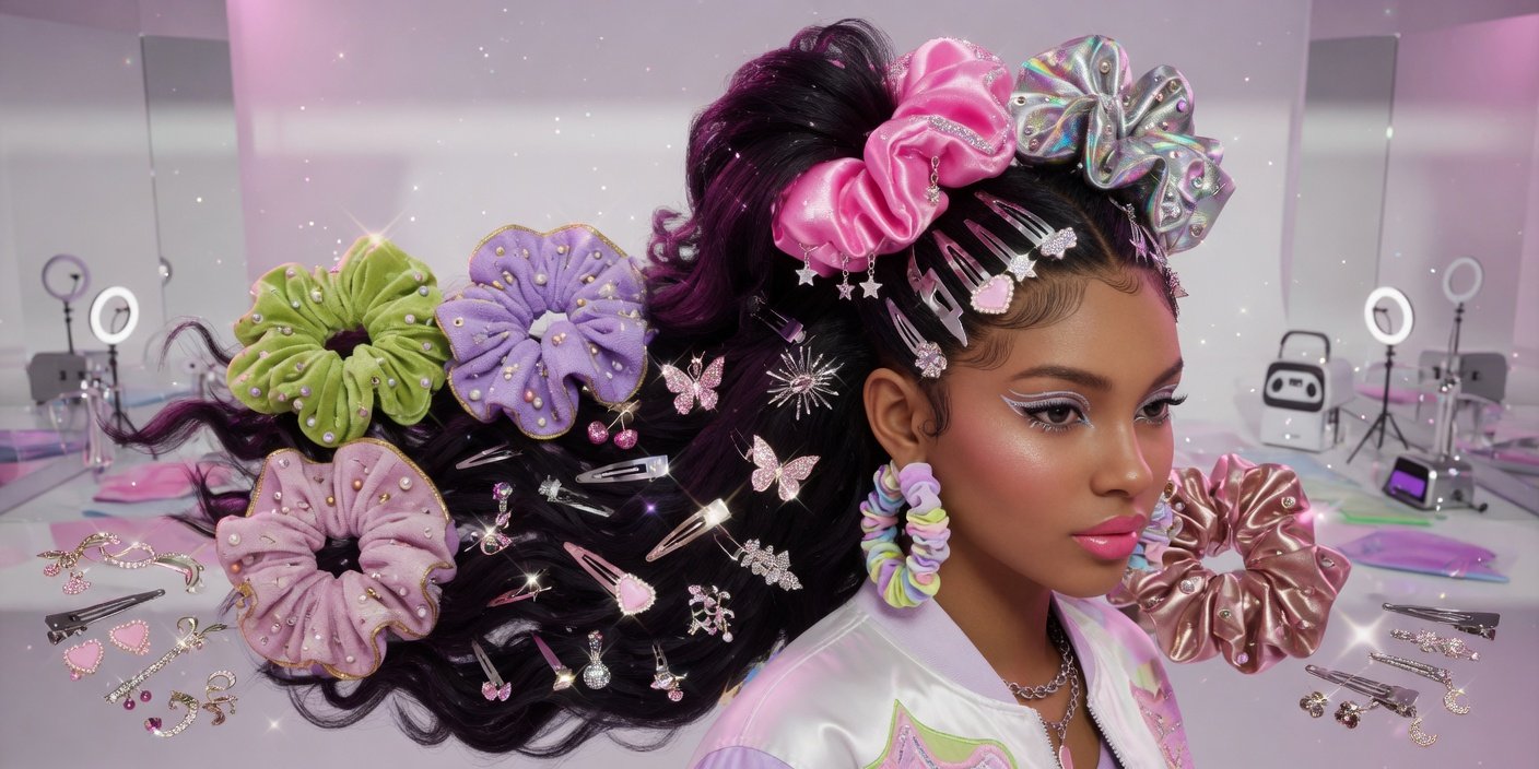 Decorated Hair Oversized Scrunchies Clips and Metallic Accents